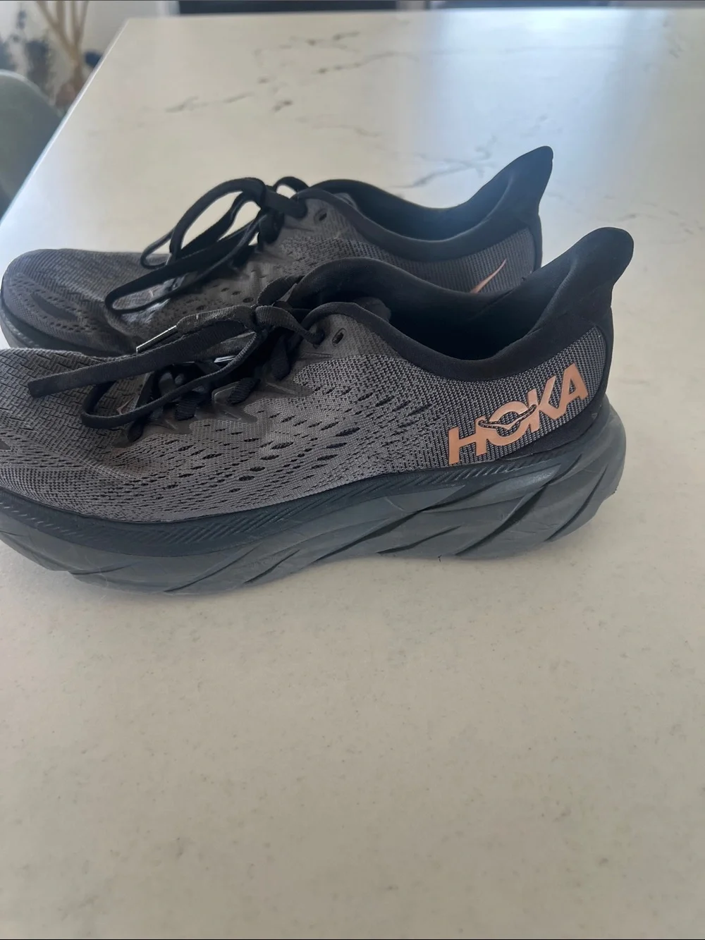 Hoka One Charcoal Gray Running Shoes with peach Logo. Size 8 worn 2x. Amazing!